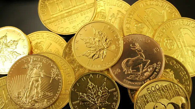 Gold bullion coins, including Maple Leafs and Eagles